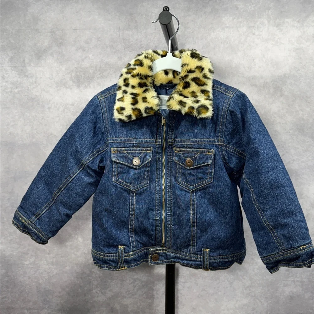 Wonderkids Girl’s Denim Jacket with Leopard Faux Fur Collar.